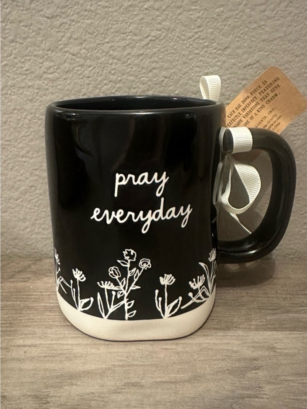 Rae Dunn Pray Everyday Black Ceramic Mug with Floral Accent